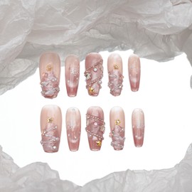 Sun&Beam Nails Handmade Nail Tips, Medium, Long, Coffin, Ballerina, Pink, White, Silver, Silver, False Nails, Christmas, 3D, Sweet Design, Fashionable, 10-Piece Set (#196 L)