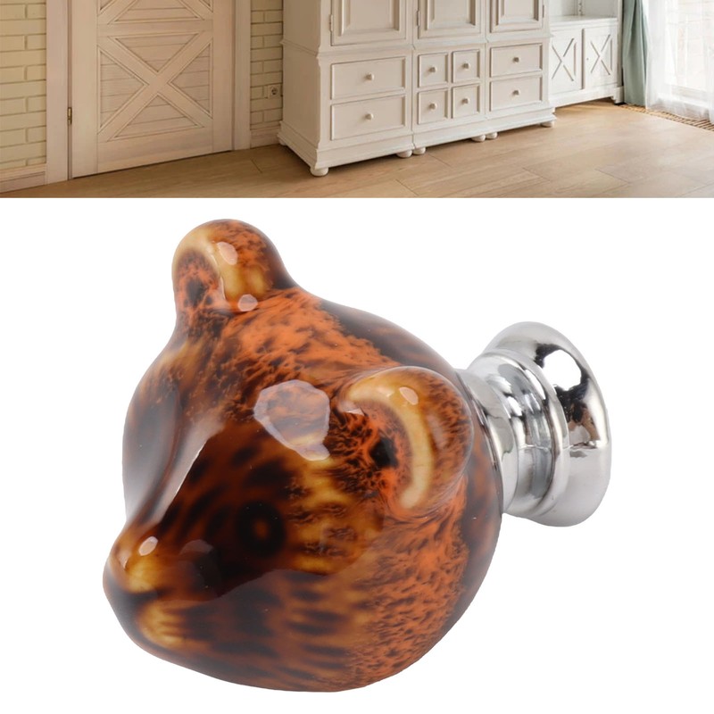 6PCS Bear Door Knob Orange Zinc Alloy Ceramic Decorative Bear