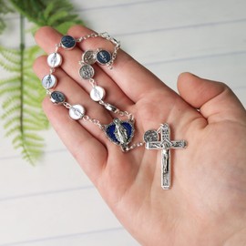 Auto Rosary for Rearview Mirror, Blue Miraculous Medals, Catholic Car Accessories, 7.75 Inches