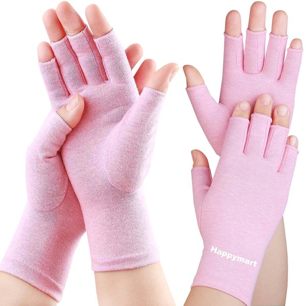 Happymart 2 Pairs Arthritis Gloves for Women for Pain, Compression Gloves for Hand Pain Relief, Rheumatoid & Osteoarthritis, Fingerless Gloves for Women & Men, Typing (Pink, Medium)