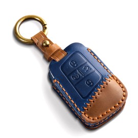 Key Fob Cover Leather Car Key Cover with Gift Box, 3/4 Buttons Key Fob Protector with Keychain Car Key Case for VW Tiguan Atlas Jetta Passat Golf Alltrack Arteon Routan (Blue-Brown)