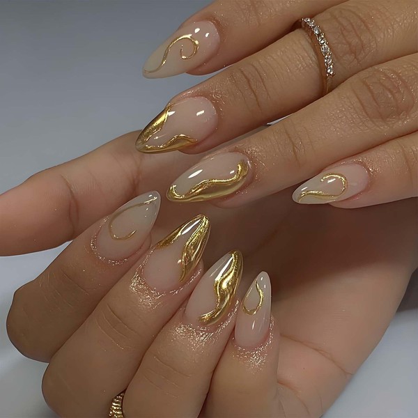 30 Pcs Almond Press on Nails with Golden Totem Design