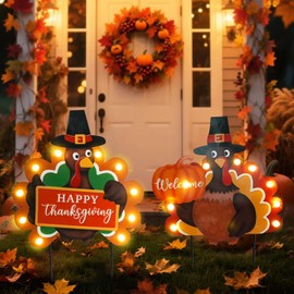 Fall Yard Decor Outdoor Autumn Harvest Garden Stakes with LED Light Autumn Two Turkeys Yard Sign with Stakes Fall Thanksgiving Decoration for Home Outside Lawn Garden Holiday Decor