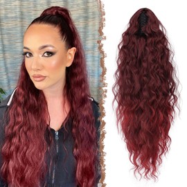 FESHFEN Claw Clip Ponytail Extensions, Long Pony Tail Hair Piece Wavy Curly Synthetic Hairpieces for Women, Black Ombre Red 26 inch