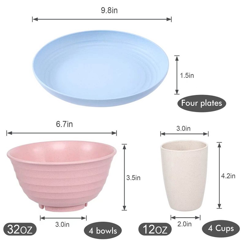 12pcs Plastic Wheat Straw Dinnerware Sets, Wheat Straw Plates and