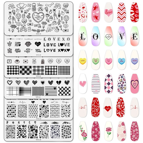 Whaline 6 Pieces Valentine's Day Nail Art Stamping Plates Kit Love Kiss Heart Image Stamp Templates Romantic Nail Art Plates for Valentine Anniversary Wedding DIY Print Manicure Salon Design Gift