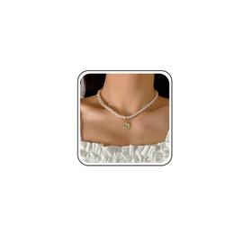 TseenYi Pearl Necklace Choker Necklace Gold Pearl Necklace Green Gemstone Pendant Necklace Oval Emerald Crystal Necklace White Pearl Pearl Necklace Bridal Wedding Necklace, Zinc
