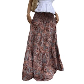 GORGLITTER Women's Maxi Skirt Paisley Pattern Long Skirt Summer Skirt Bohemian Holiday Skirt Lightweight Maxi Skirts Summer Beach Skirt Holiday Skirt, rust brown, XL