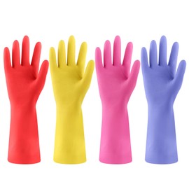 FCTTD Rubber Kitchen Dishwashing Gloves - 4 Pairs Colorful Reusable Cleaning Gloves for Kitchen Washing Dishes and Household Cleaning(Large, Blue+Pink+Yellow+Red)