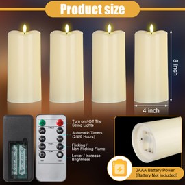 Rossesay 8" x 4" Large Waterproof Outdoor Flameless Candles, 4 Pcs LED Pillar Candles with Remote and Timers Battery Operated Jumbo Flickering for Home Patio Church Lanterns(Ivory White)