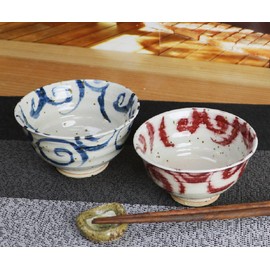 Shigaraki Ware Married and Wife Rice Bowl, Rice Bowl (Blue & Red) Set Rice Bowl W909-07_909-08 Pair Ceramic Tableware Rice Bowl Gift