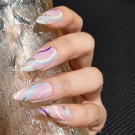 HaoTrade 24Pcs Coffin False Nails Medium, Almond False Nails,French Tip Press on Nails, Soft Gel Nails with Glue Stickers, Reusable Semi-Transparent Stick on Nails for Woman, Glossy Fake Nails Ripple