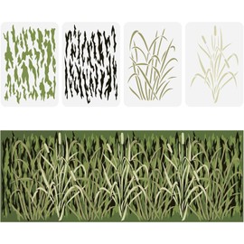 FINGERINSPIRE 4 Pcs Bark Camouflage Stencil 11.7x8.3 inch Camouflage Grass Bark Reed Pattern Stencils Plastic Wall Camo Stencil Kit Reusable DIY Art and Craft Stencils for Scrapbooking Wall Decor