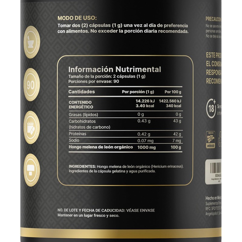Hongo Melena de León 180 Cápsulas 1000 mg por porción.