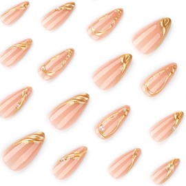24 Pcs Press on Nails Short Almond Nail Tips,YEFIUO 3D Irregular Gilded Acrylic Nail Kit French Fake Nails Press ons Glue on Nails Full Cover Reusable False Nails with Strong Jelly Glue Tool for Ma'am