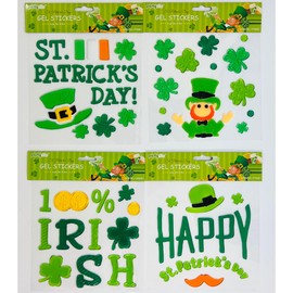 St. Patrick's Day Gel Cling Stickers for Windows and Mirrors - 4 Sheets of Lucky Irish St. Pats Designs: Shamrocks, Four-Leaf Clovers, Leprechaun, Gold Coins and Happy St. Patricks Day