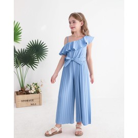 YOURUIKEY Girls' Jumpsuit Kid Ruffle Trim Halter Wide Leg Pleated Blue Long Romper with Belt Cute Summer Outfits for Tween Girl Size 12