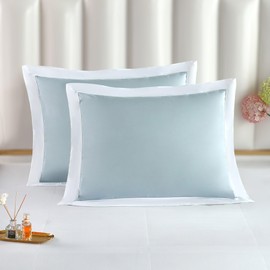 The Cotton & Silk® 100% Luxury Long-Staple Cotton Pillow Sham/Pillowcase, Set of 2, with Envelope Closure on The Back, Misty Blue + White, Standard/Full Size
