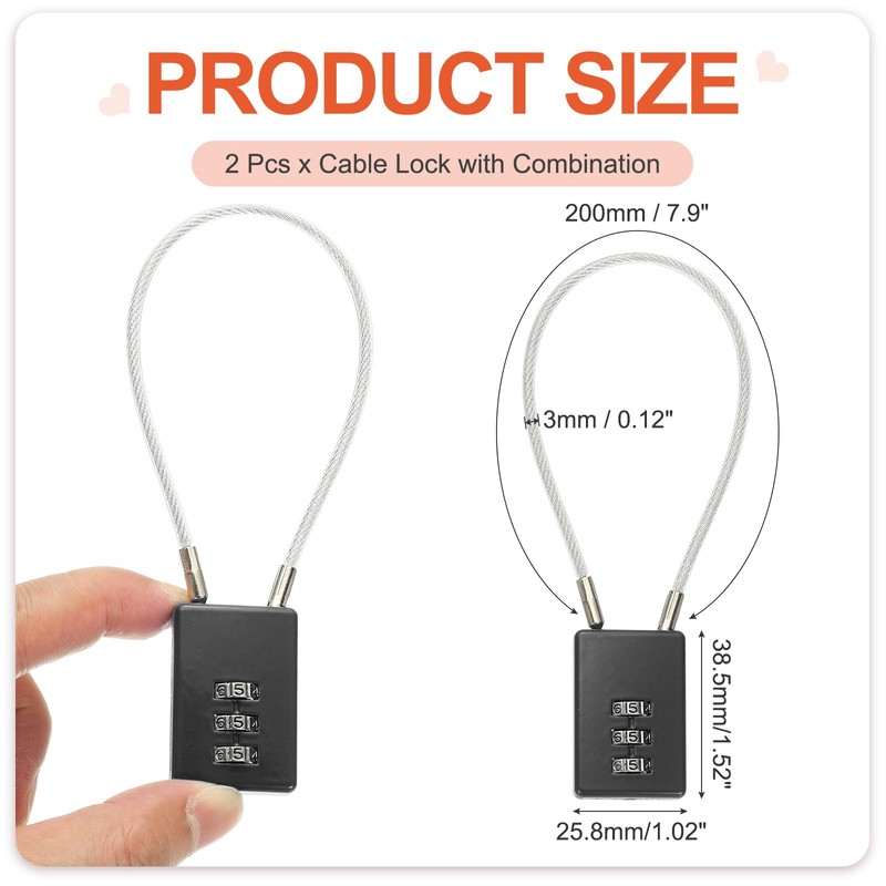 PATIKIL 3 Digit Cable Combination Lock, 2 Pcs Cable Lock