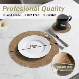 KERYCHIN 4 Round Leather Place Mats(38cm) + 4 Coasters(10cm) Set, Heat-Resistant 212°F Placemats, Non-Slip ＆ Wipeable, Dual-Sided Kitchen Accessories for Home, Outdoor Dining Table, (Beige/Cream)