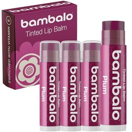 Paquete de 4 bálsamos labiales con color ciruela ingredientes naturales y orgánicos, hidratantes y humectantes, fabricados en EE. UU.                 