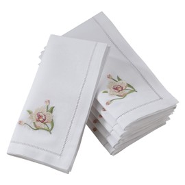 Saro Lifestyle Cotton Table Napkin with Pink Orchid Embroidery and Hemstitch Design (Set of 6), White, 20"