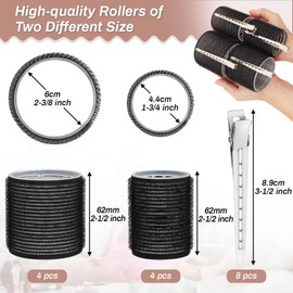 Self Grip Hair Rollers Curlers 16 Pcs Set with 8Pcs Hair Rollers 2 Sizes (4 Jumbo & 4 Large) and 8 Pcs Hair Clips for Long Medium Short Thick Fine Thin Hair Volume (Black)
