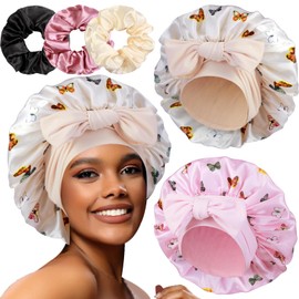 2+3 Large Satin Bonnets with Scrunchies for Women, Hair Bonnet Sleeping Tie Bonnet for Braids Curly Hair, H