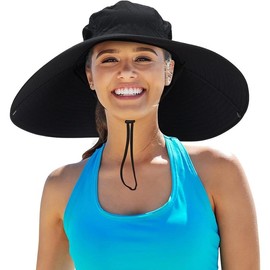 Women Super Wide Brim Sun Hat UPF50+ Waterproof Bucket Hat for Fishing, Hiking, Camping - Color: C04-black, Size: One Size