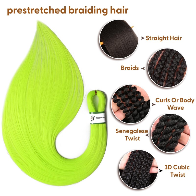 Fluorescent Green Braiding Hair Pre Stretched, 24inch 3 Packs