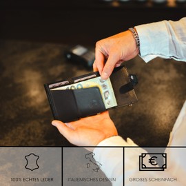 BAUR Slim Wallet with Coin Compartment, Genuine Leather Credit Card Holder for Men, Aluminium Pop-Up Case with RFID Protection, Smart Wallet, Small Wallet, darkblue, 10x7,5x2,5 cm, Zipped coin pocket