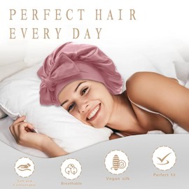 VECIIR Silk Bonnet for Sleeping Women，hair bonnet for sleeping Silk Night Cap for Curly/Natural Hair Skin pink,Large