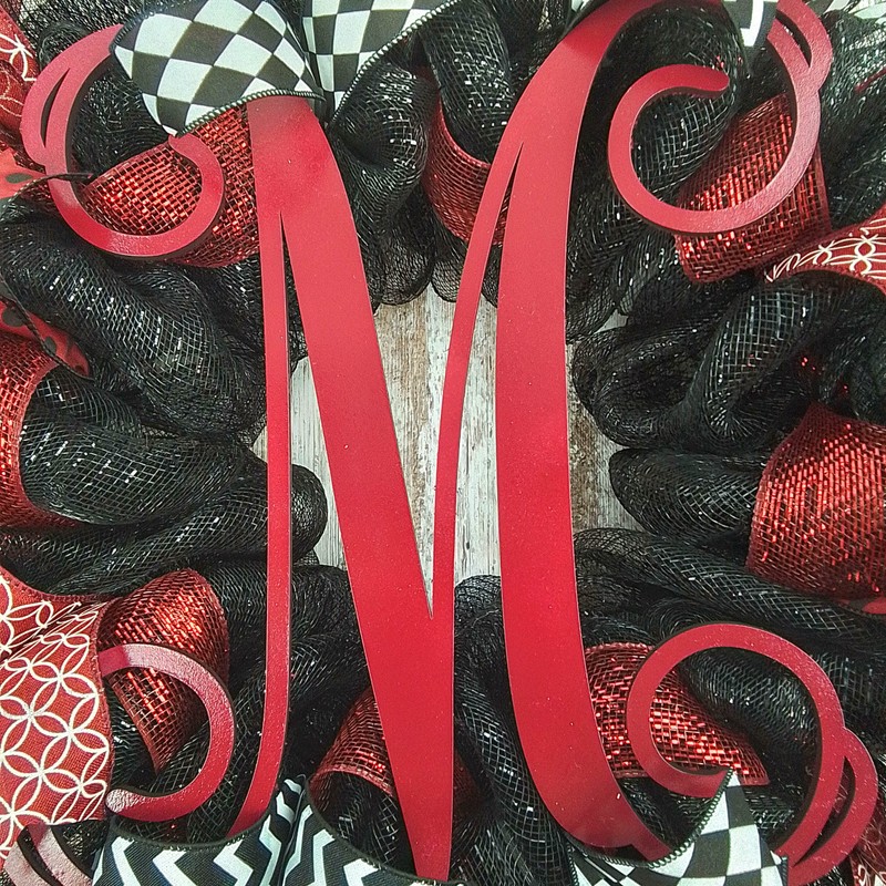 Monogram Mesh Door Wreath; black maroon burgundy red white