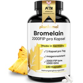 180 Bromelain Capsules with 2000 FIP per Capsule, Bromelain High Dose with 200 mg Bromelain Enzyme from Pineapple Extract, Particularly High Enzyme Activity of 10,000 FIP/g, Vegan plantomol®