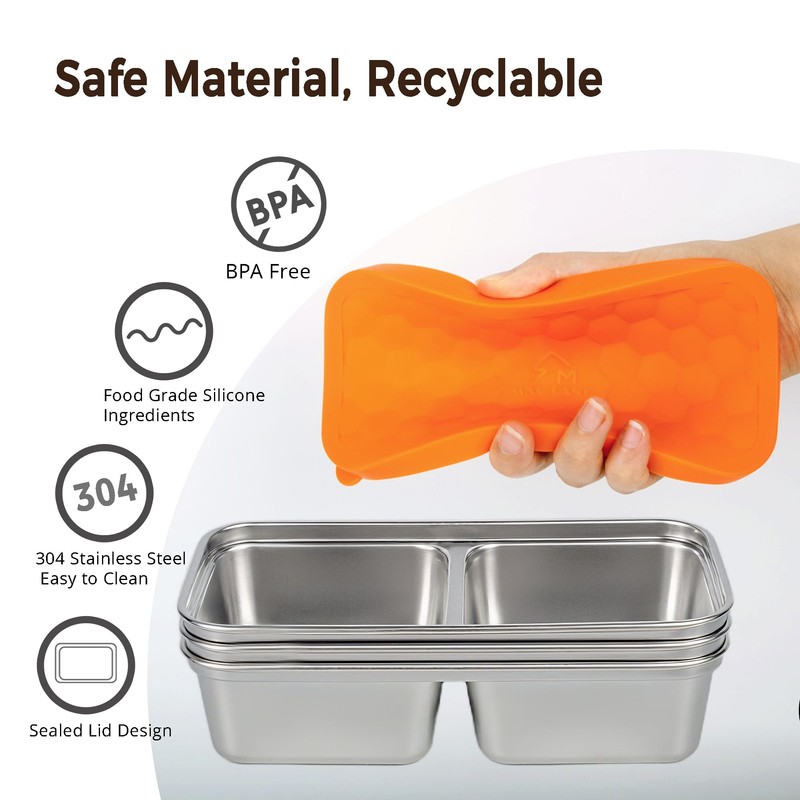MACTANO Double Compartment Snack Containers, Stainless Steel Condiment Containers Reusable