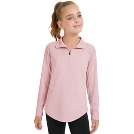 Girls Fashion Shirts Long Sleeve 1/4 Zip Pullover Trendy Tshirt Kids Cute Fall Athletic Hiking Running Workout Tops Basic Tees Pink