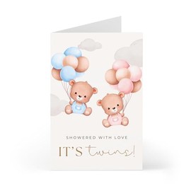 Prezzeluna Twin Boy and Girl Baby Shower Card for New Parents – Congratulations Twins Card