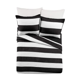 URBAN PLAYGROUND All Seasons Lavelle Black/White Stripe Quilt Set - 3 Piece Soft Brushed Microfiber Kids Bedding Set for Boys/Girls – Machine Washable (Full/Queen)