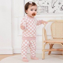 FOCUSNORM Toddler Baby Girl Fall Outfits Long Sleeve Checkerboard Print Tops Drawstring Pants Cute Litter Girl Winter Clothes (Pink, 12-18 Months)