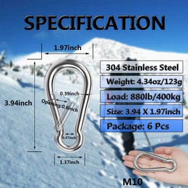 Large Spring Snap Hooks, 304 Stainless Steel Carabiner Clip Heavy Duty Rope Connector Link Buckle 1/2 3/8 Clip for Gym Equipment Hammock Swing (4inch(M10)-6Pcs)
