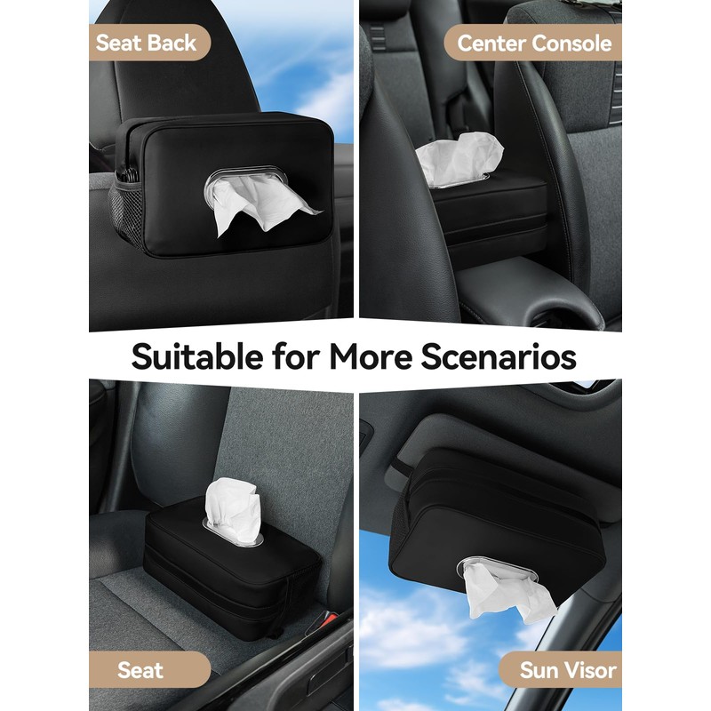 Multi-Functional Car Tissue Holder with ‌2 Storage Nets, Upgraded PU