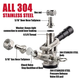 MRbrew All 304 Stainless Steel Keg Coupler, Commercial Sankey Kegerator D System Keg Tap Dispenser for I.D 5/16'' Draft Beer Line Gas Brewing Tubing with Check Valve Sealing Washer Hose Clamp