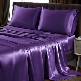 SiinvdaBZX 4Pcs Satin Sheet Set King Size Ultra Silky Soft Purple Satin King Bed Sheets with Deep Pocket, 1 Fitted Sheet, 1 Flat Sheet, 2 Envelope Closure Pillowcases