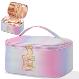Meiyuuo Initial Makeup Bag for Women Large Cosmetic Bags Travel Toiletry Bag Birthday Gifts for Girls Preppy Letter Pouch Teen Girl Gifts Trendy Stuff Rainbow Pink with Divider and Handle E