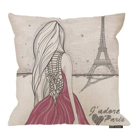 HGOD DESIGNS Eiffel Tower， Throw Pillow Cushion Cover,Romantic Paris Girl in A Pink Dress Looks at Eiffel Tower Cotton Linen Polyester Decorative Home Decor Sofa Couch Desk Chair Bedroom 16x16inch