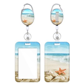 Retractable Badge Holder, Cute Print Pattern Belt Clip Badge Reel with Keychain, Name Tag Work Vertical Id Card Protector for Nurse Medical Teacher Student (Beach Starfish)