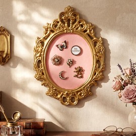Sliner Vintage Baroque Pin Display Board 10.6 Inch Gold Oval Enamel Pin Display Frame with Pink Felt Lining Wall Mounted Decorative Ornate Storage Holder Organizer for Brooch Earrings Necklace Jewelry