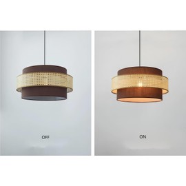 LIGHTLAND Rattan Farmhouse Pendant Light Fixture, Hand Woven Dining Room Pendant Light with Fabric Shade, Rustic Pendant Hanging Light Fixture for Kitchen Island Rattan Pendant Light 16''