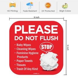 Please Do Not Flush Sign 5 Pack 6"x 6" Please Do Not Flush Anything Except Toilet Paper Sign Self Adhesive Decal