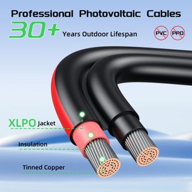 Bateria Power Solar Extension Cable 2 Conductor Wire with Waterproof Female and Male Connectors, Combined Wire Organized 2-in-1 Solar Adaptor Panel Cords (Red and Black, 20 Feet 10AWG (6mm²)